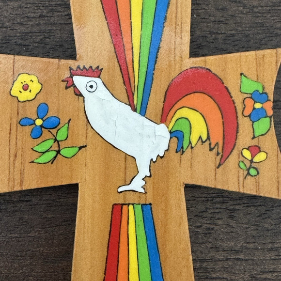 Cross El Salvador Vtg Handmade Rooster Rainbow Folk Art Colors Floral Religious - Picture 5 of 15